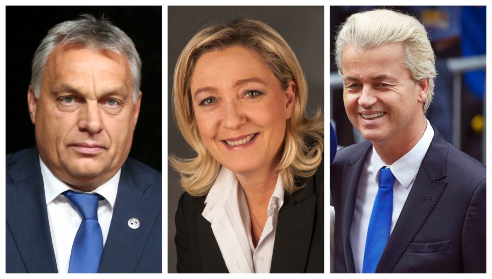 Tre bilder i ett, som viser Geert Wilders, Victor Orban og Marine Le Pen
